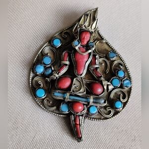 Antique Tibetan Pin Brooch with anthropomorphic deity figure corals turquoise